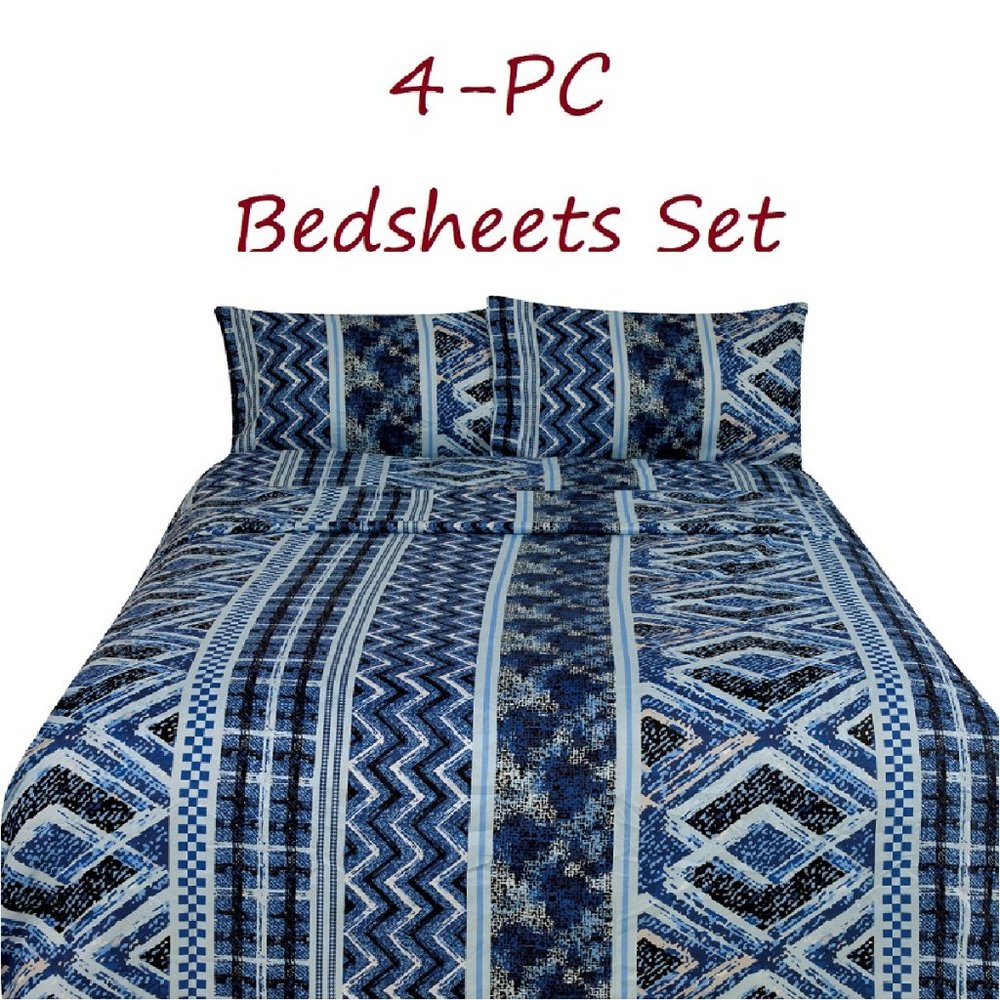 Geometric Print Bed Sheets Set 4-pc Blue Full Queen King sizes